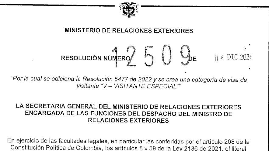 Resolución 12509 de 2024: La Visa V - Visitante Especial
